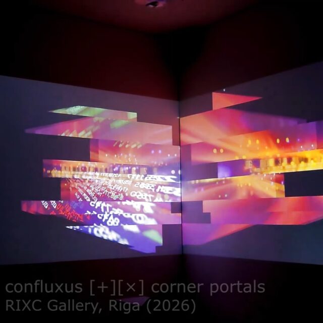 In the audiovisual installation 
confluxus [+][×] corner portals,
(at the RIXC Gallery, Riga, Latvia), two stereoscopic 3D projections transform the gallery’s 90° corner into a simulated zone of transition and confluence. Dynamic structures emerge within an illusory expanded spatiality on both sides of the wall planes as elemental flows, flares, and ephemeral spatial formations.

The work indirectly points to the increasing role of code and algorithms in contemporary governance and communication practices—systems where information flows are constantly restructured for the sake of efficiency yet remain prone to misunderstandings, inherent errors, and inconsistencies.